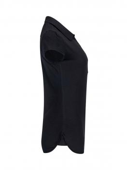The image shows a black polo shirt from the side view. It has short sleeves, a small collar, and a straight fit with a slightly rounded hem.
