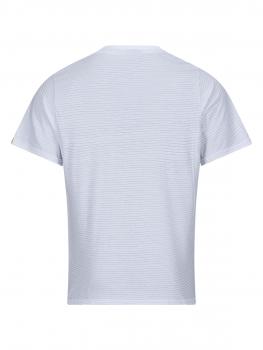 The image displays the back of a T-shirt. It features a light, striped fabric in blue and white hues and has short sleeves. The design is simple and modern.
