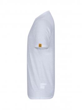 The picture shows a white T-shirt in side view. It has a simple design with fine horizontal stripes and a yellow logo on the left sleeve.