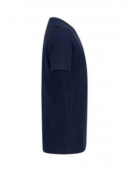 The image displays a simple, dark blue T-shirt shown from the side. It has short sleeves and a round neckline. The fabric appears soft and smooth.