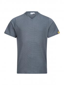 The image shows a short-sleeved, gray T-shirt with a V-neck and fine, horizontal stripes. There is a small, yellow logo on one sleeve.