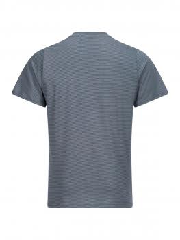 The image shows a gray T-shirt with a fine striped pattern. The sleeves are short, and the back is plain, with no print or embellishments.