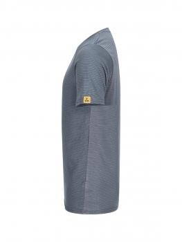 The image shows a gray T-shirt made from a slightly textured fabric. It has short sleeves and a simple, straight shape. A yellow logo is located on the left sleeve.