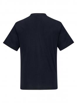 Das Bild zeigt ein schlichtes, schwarzes T-Shirt von hinten. Es hat kurze Ärmel, einen runden Halsausschnitt und eine gerade Form ohne besondere Verzierungen.