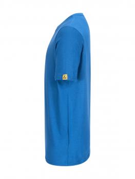 The image shows a solid, bright blue T-shirt. It has a classic, straight fit and short sleeves. There is a small yellow label on the sleeve.