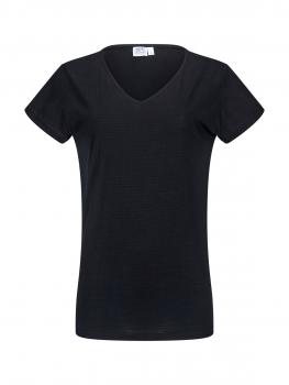 The image displays a black V-neck T-shirt with short sleeves. The fabric appears soft and lightweight, perfect for casual occasions. The fit is slim and simple.