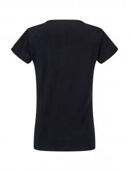 Das Bild zeigt ein schwarzes T-Shirt aus der Rückansicht. Es hat kurze Ärmel und einen runden Halsausschnitt. Der Stoff wirkt weich und angenehm.