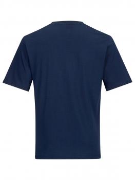 The image shows a simple, navy blue T-shirt with short sleeves. It is viewed from the back, without any print or pattern. The fabric appears soft and comfortable.