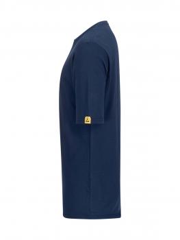 The image shows a dark blue T-shirt in a side view. It has short sleeves and a round neckline. There is a small yellow label on the left sleeve.