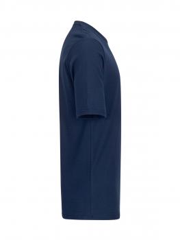 The image shows a blue T-shirt from the side. It has short sleeves and a straight cut. The fabric appears smooth and is simply designed without major details.