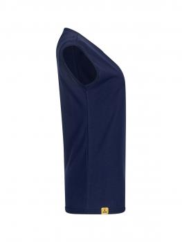 The picture shows a sleeveless, dark blue T-shirt made of a smooth fabric. It has a round neckline and a straight side line. At the bottom, the shirt is adorned with a small yellow logo.