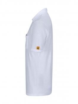The image shows a white polo shirt made from a textured fabric. It features a classic collar and short sleeves. There is a yellow, square logo on one sleeve.