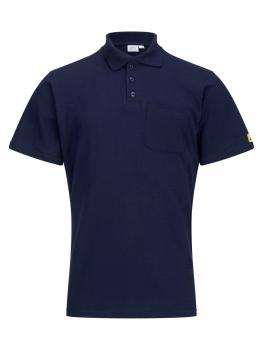 The image shows a navy blue polo shirt with short sleeves. It has a classic collar, three buttons, and a small chest pocket on the left side.