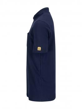 The image shows a black cotton polo shirt. It has a short collar, short sleeves, and a small chest pocket. There is a yellow logo sewn on the left sleeve.