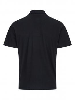 The image shows a black polo shirt from the back. It features short sleeves, a subtle collar line, and a simple, unobtrusive design with no additional embellishments.