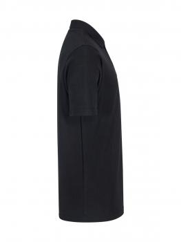 The image shows a black cotton T-shirt. It has short sleeves, a classic polo collar, and a straight cut. The texture appears simple and comfortable.