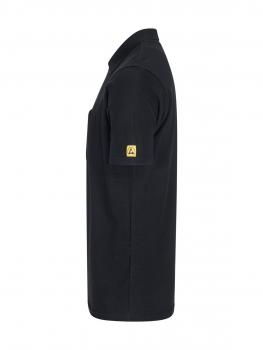 The image shows a black polo shirt in a side view. It has a collar and short sleeves. There is a yellow logo on one sleeve. The cut is straight and simple.