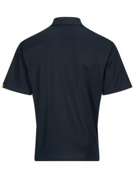 The image shows a black polo shirt from the back. It has short sleeves and a classic collar. The texture is slightly striped, and there is a small logo on the left shoulder.
