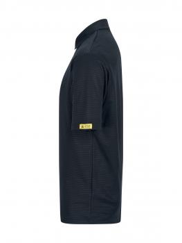 The image shows a black polo shirt made from a lightweight material. It features a short style, a classic collar, and a yellow label on the left sleeve. The surface is textured.