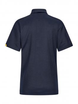 Das Bild zeigt ein dunkelblaues Poloshirt von hinten. Es hat kurze Ärmel, einen Kragen und feine, vertikale Streifen. Ein kleines Logo ist an der linken Seite des Kragens.