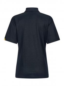 Das Bild zeigt ein schwarzes Poloshirt aus einem leichten Stoff. Es hat einen klassischen Kragen und kurze Ärmel. Die Rückseite ist schlicht mit feinen strukturierten Linien.