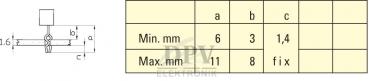 On the left is a technical drawing of an element with dimensions, on the right a table with two rows. The table lists minimum and maximum dimensions for the columns a, b, and c, as well as the word 