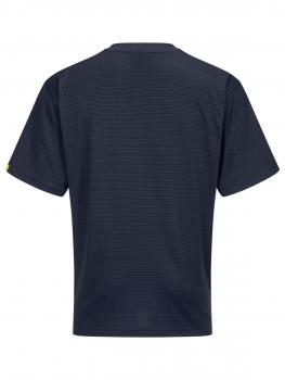 Das Bild zeigt ein dunkelblaues T-Shirt mit einem einfachen, gestreiften Muster. Es hat kurze Ärmel und einen runden Ausschnitt. Die Rückseite ist sichtbar, ohne besondere Details.