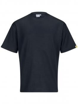 The image shows a black T-shirt with short sleeves. It has a simple, straight shape and appears solid-colored, without any noticeable patterns or designs.