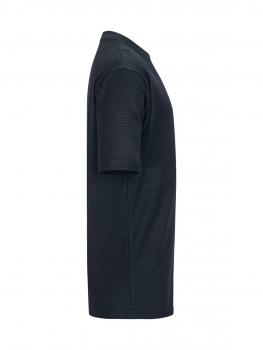The image shows a black T-shirt from the side. It has short sleeves and a straight cut. The fabric is textured, appearing light and comfortable.