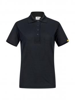 The image shows a black polo shirt with short sleeves and a classic collar. It features three buttons at the front and fine horizontal stripes. There is a yellow logo at the hem.