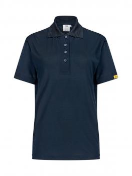 Das Bild zeigt ein dunkelblaues Poloshirt mit kurzen Ärmeln. Es hat einen edlen Kragen und drei Knöpfe auf der Vorderseite. An einem Ärmel befindet sich ein gelbes Logo.
