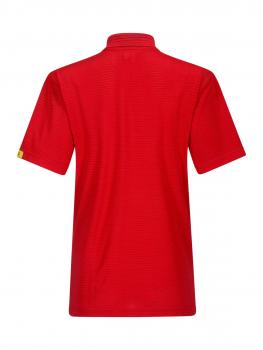 Das Bild zeigt ein rotes Poloshirt aus der Rückansicht. Es hat einen kurzen Kragen und kurze Ärmel. An einem Ärmel befindet sich ein kleines, farbiges Logo. Die Oberfläche ist strukturiert.