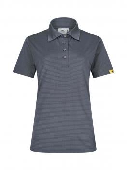 The image shows a gray women's polo shirt with a classic collar and four buttons. The material has fine, narrow stripes. There is a yellow label on one sleeve.