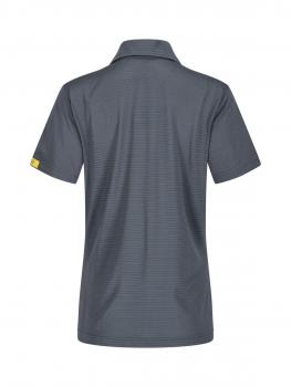 The image shows a gray polo shirt with a simple striped pattern. It has short sleeves and a classic collar. The back is visible, with no details on the front.