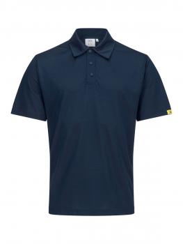The image shows a dark blue polo shirt. It has short sleeves and a classic collar with three buttons. There is a yellow logo on the left sleeve.