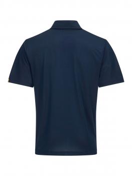 The image shows a dark blue polo shirt from the back. It has short sleeves, a flat collar, and a simple, plain shape. The fabric appears smooth and light.