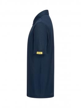 The image shows a dark blue polo shirt from the side. It has a collar and short sleeves. There is a yellow label on one sleeve. The fabric appears smooth and light.