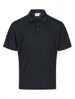 The image displays a black polo shirt. It features short sleeves, a classic collar, and three buttons on the front. The fabric appears smooth and casual.