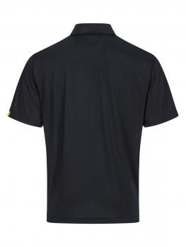 Das Bild zeigt ein schwarzes Poloshirt von hinten. Es hat einen klassischen Kragen und kurze Ärmel. Der Stoff scheint glatt und könnte für Freizeit oder sportliche Aktivitäten geeignet sein.