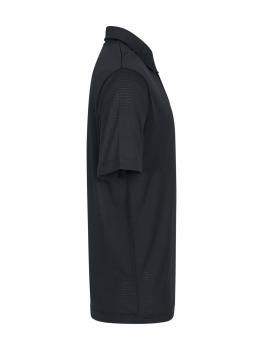 Das Bild zeigt ein schwarzes Polohemd, das seitlich präsentiert wird. Es hat kurze Ärmel, einen klassischen Kragen und eine gerade Passform. Die Oberfläche ist glatt.