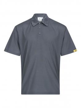 The image shows a gray polo shirt made from a smooth, lightweight material. It features a classic collar, three buttons, and a small yellow logo stripe on the side.
