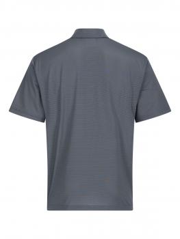 The image shows a gray polo shirt made from a lightly textured material. It has short sleeves and a classic collar, with narrow horizontal lines in the fabric design.