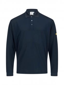 The image displays a long-sleeved polo shirt in dark blue. It features a classic collar with three buttons and a colored appliqué on the sleeve. The material appears casual and sporty.