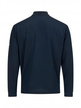 The image shows a long-sleeved, dark top. It has a high collar and a plain back view without any conspicuous patterns. There is a small, yellow logo on one sleeve.