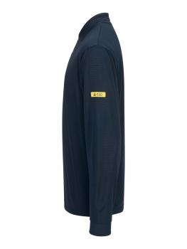 The image shows a long-sleeved, dark blue shirt. It has a high collar and there is a yellow label on one sleeve. The cut is sporty and simple.