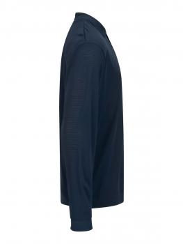 The image displays a long-sleeved top in a dark color, shown from the side. It features a buttoned collar and has a loose fit. The surface has a fine texture.