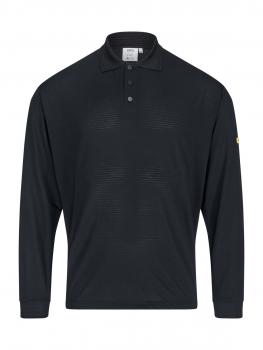 Das Bild zeigt ein schwarzes Poloshirt mit langen Ärmeln. Es hat einen klassischen Kragen und drei Knöpfe auf der Vorderseite. Die Struktur hat feine, vertikale Linien.