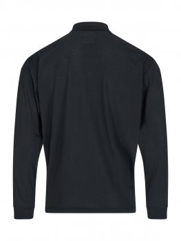 Das Bild zeigt die Rückansicht eines schwarzen Langarmshirts. Es hat einen hohen Kragen und sieht sportlich aus. Die Oberfläche ist glatt und ohne auffällige Details oder Muster.
