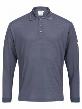 The image shows a long-sleeved, dark gray polo shirt. It features a classic collar and three buttons. The surface is slightly textured. A small yellow logo is on one sleeve.