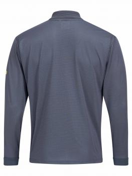 The image displays the back of a gray long-sleeve shirt. It features a stand-up collar and is plain, without any noticeable patterns or designs. The sleeves are long and fitted.